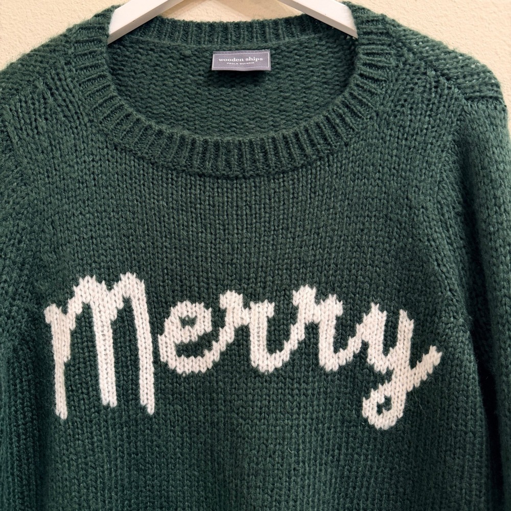 Wooden Ships Merry Crew Chunky Knit Sweater Green Mohair Wool XS/S Holiday Cozy - Picture 3 of 9
